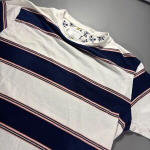 Denim & Flower Mens Striped T-Shirt Medium Blue White Peach‎ Floral Neck Trim
